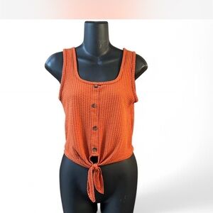 Caution To The Wind Orange Ribbed Tie Front Tank Top